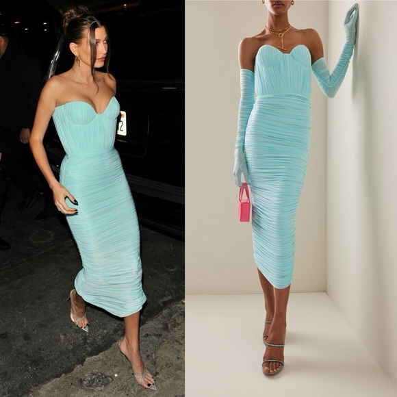 Alex Perry Prescott Ruched Dress with Gloves Blue ASO Hailey Bieber NEW with tag - Picture 1 of 10